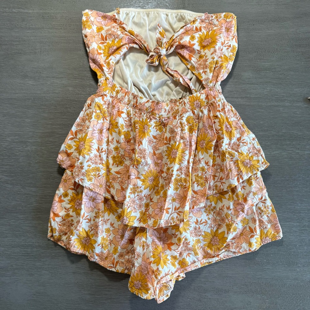 AEO Floral Orange Beige Romper Jumpsuit XS Tie Back - Picture 4 of 16